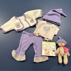 American Girl Bitty Baby: lavender clothing set + teddy bear and board book